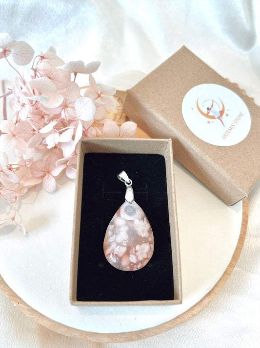 High Quality Flower Agate Teardrop Pendant 03